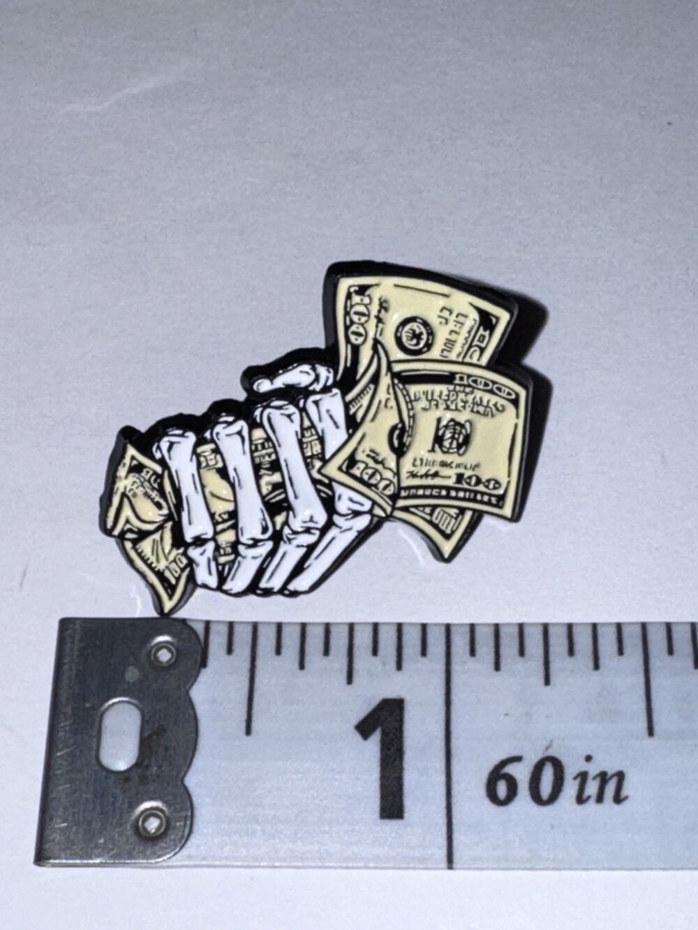 Skeleton Hand Hold Hundred Dollar Bills $100 Pin Brooch